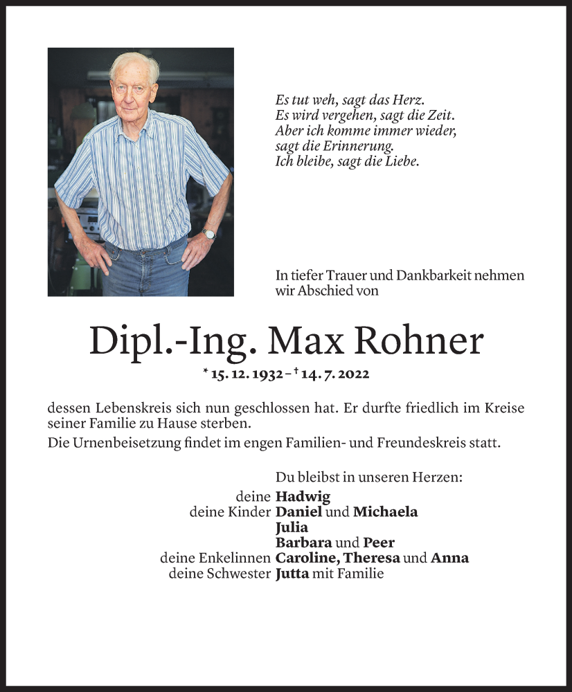  Todesanzeige für Max Rohner vom 16.07.2022 aus Vorarlberger Nachrichten