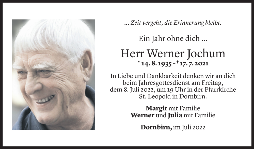  Todesanzeige für Werner Jochum vom 05.07.2022 aus Vorarlberger Nachrichten