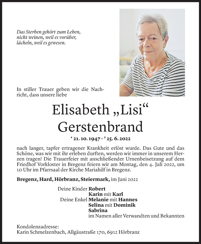  Todesanzeige für Elisabeth Gerstenbrand vom 01.07.2022 aus Vorarlberger Nachrichten