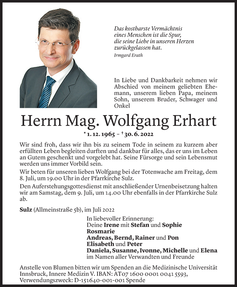  Todesanzeige für Wolfgang Erhart vom 05.07.2022 aus Vorarlberger Nachrichten