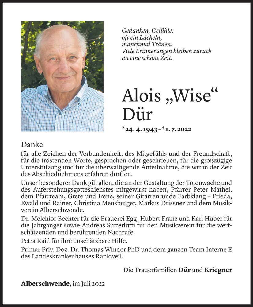  Todesanzeige für Alois Dür vom 29.07.2022 aus Vorarlberger Nachrichten