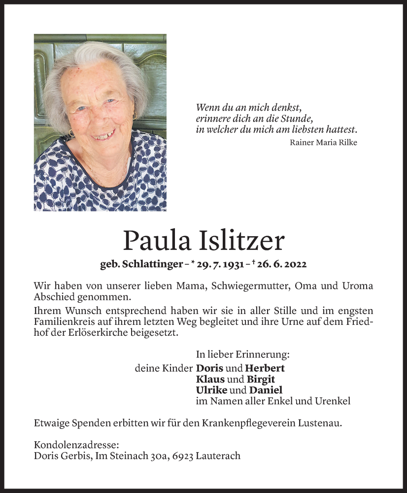  Todesanzeige für Paula Islitzer vom 01.07.2022 aus Vorarlberger Nachrichten