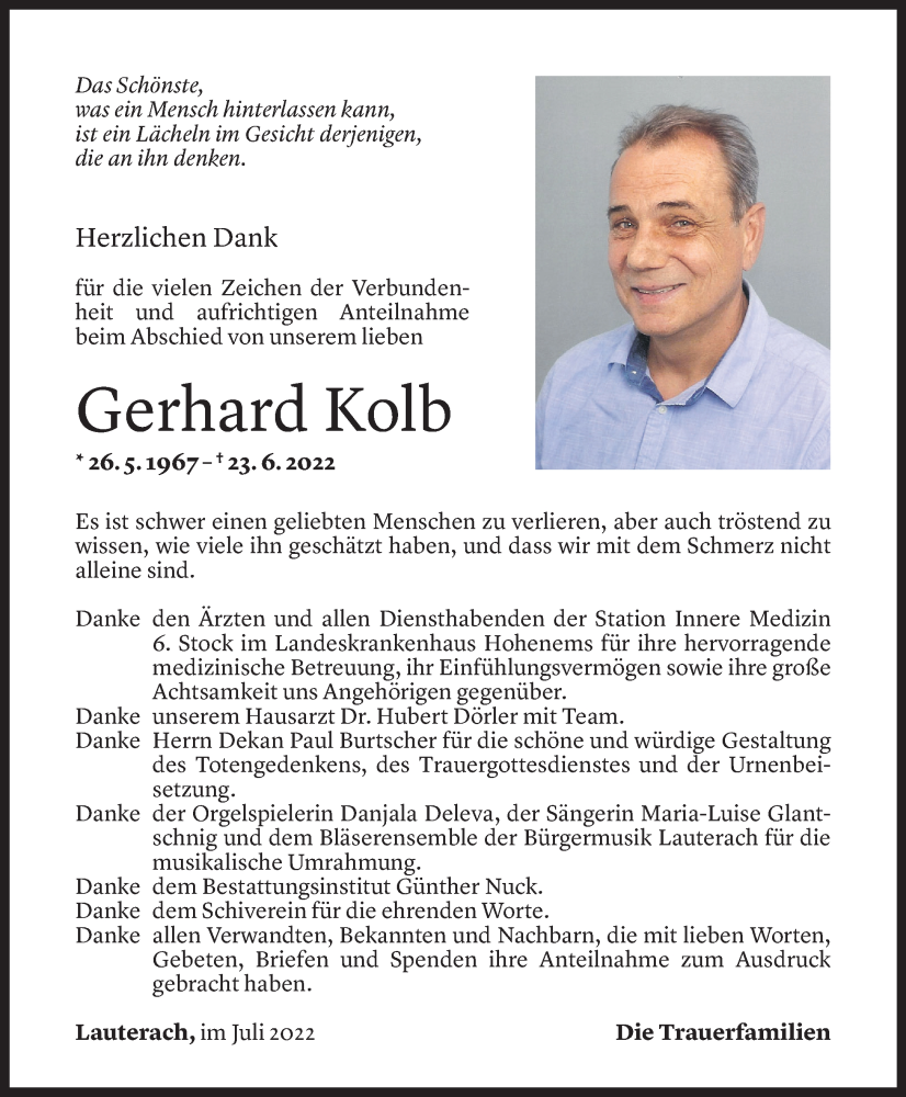  Todesanzeige für Gerhard Kolb vom 12.07.2022 aus Vorarlberger Nachrichten