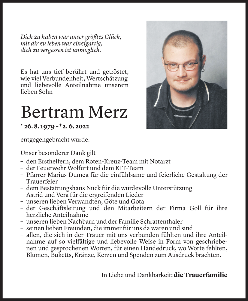  Todesanzeige für Bertram Merz vom 14.07.2022 aus Vorarlberger Nachrichten