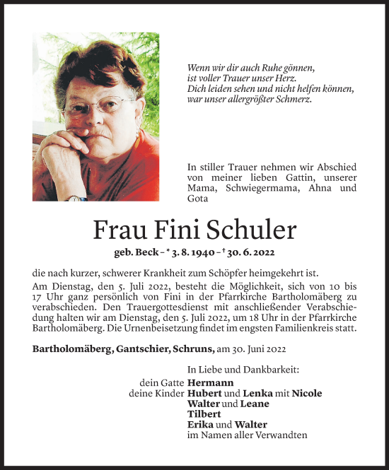 Todesanzeige von Fini Schuler von Vorarlberger Nachrichten