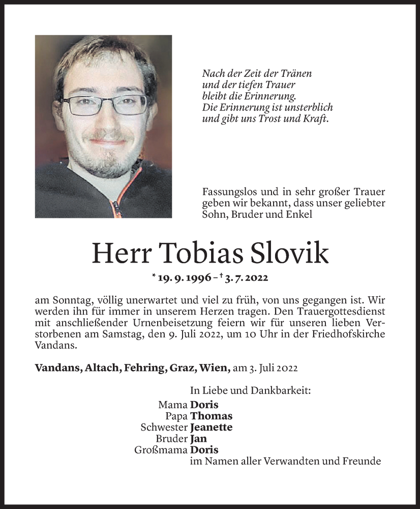  Todesanzeige für Tobias Slovik vom 06.07.2022 aus Vorarlberger Nachrichten