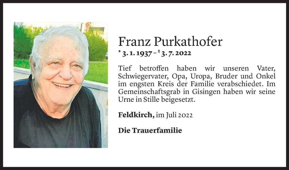  Todesanzeige für Franz Purkathofer vom 21.07.2022 aus Vorarlberger Nachrichten