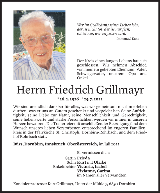 Todesanzeige von Friedrich Grillmayr von Vorarlberger Nachrichten