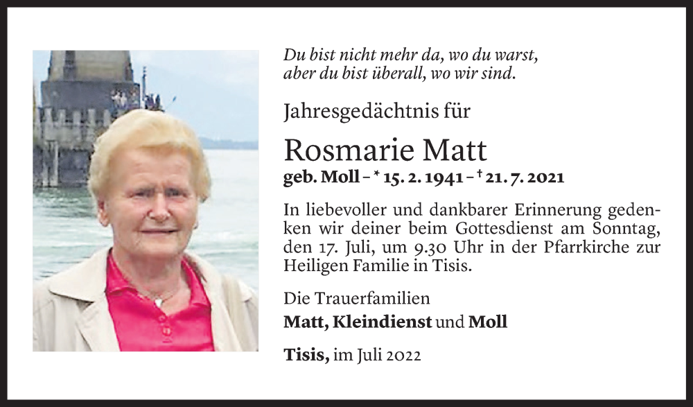  Todesanzeige für Rosmarie Matt vom 15.07.2022 aus Vorarlberger Nachrichten