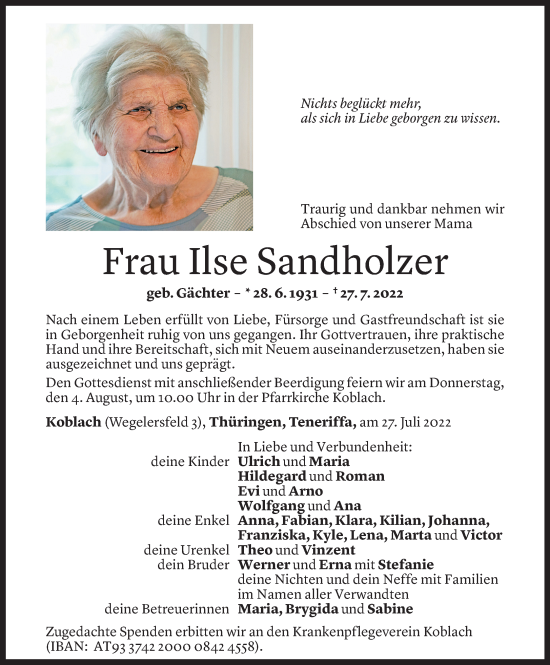 Todesanzeige von Ilse Sandholzer von Vorarlberger Nachrichten