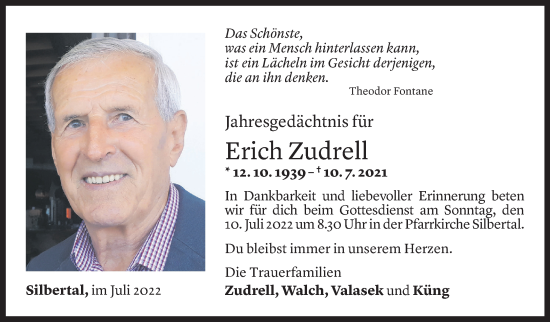 Todesanzeige von Erich Zudrell von Vorarlberger Nachrichten