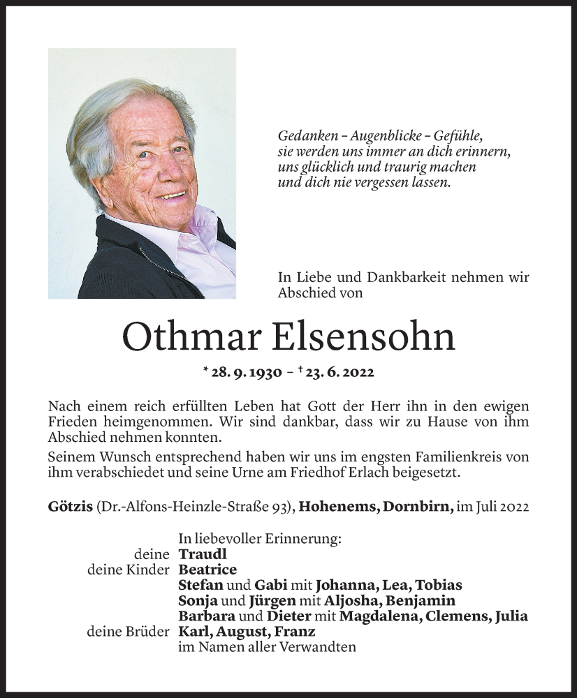  Todesanzeige für Othmar Elsensohn vom 04.07.2022 aus Vorarlberger Nachrichten
