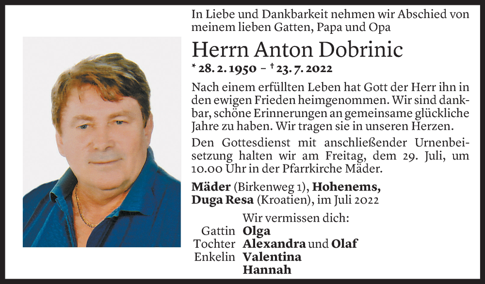  Todesanzeige für Anton Dobrinic vom 27.07.2022 aus Vorarlberger Nachrichten