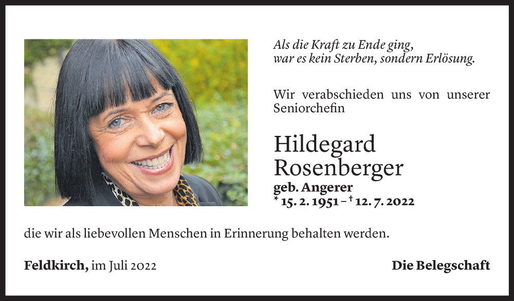  Todesanzeige für Hildegard Maria Rosenberger vom 30.07.2022 aus Vorarlberger Nachrichten