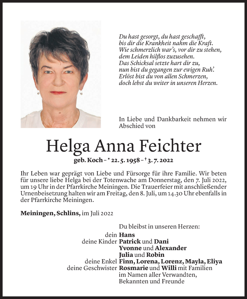  Todesanzeige für Helga Anna Feichter vom 05.07.2022 aus Vorarlberger Nachrichten