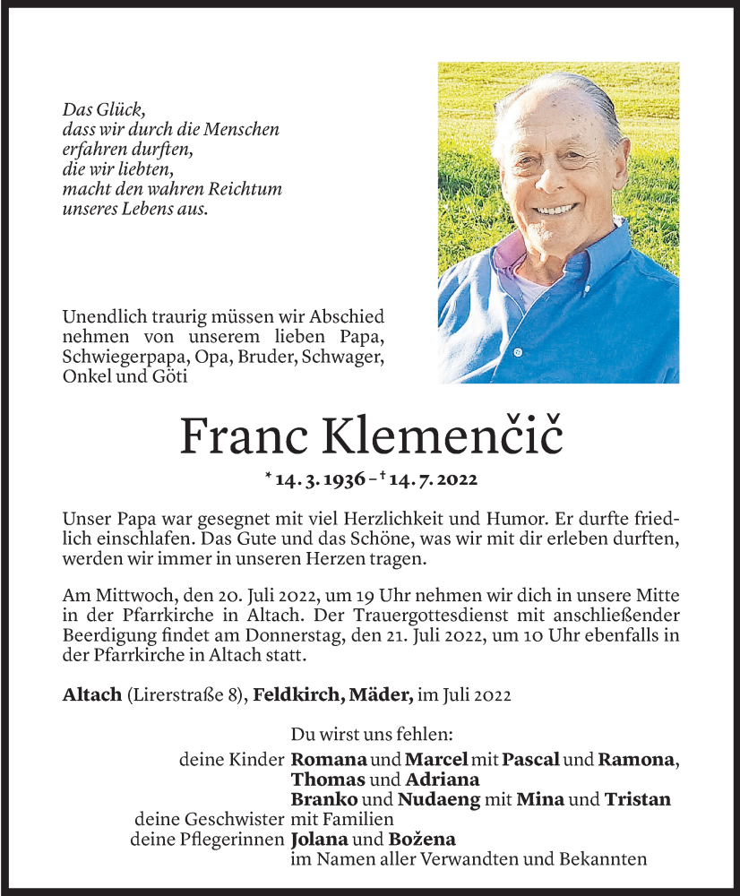  Todesanzeige für Franc Klemencic vom 17.07.2022 aus vorarlberger nachrichten