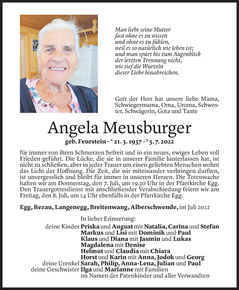  Todesanzeige für Angela Meusburger vom 06.07.2022 aus Vorarlberger Nachrichten