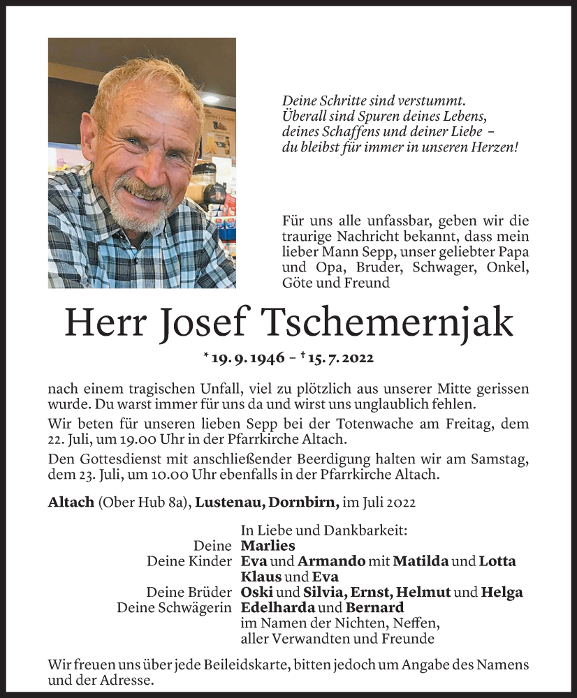  Todesanzeige für Josef Tschemernjak vom 20.07.2022 aus Vorarlberger Nachrichten