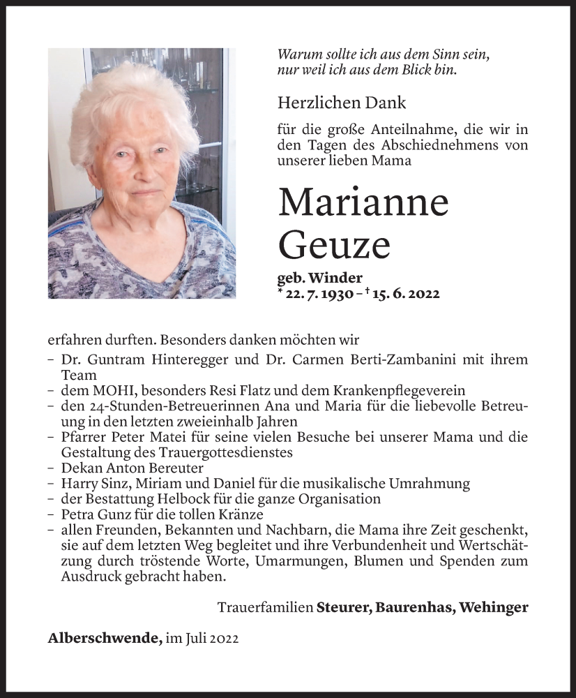 Todesanzeigen von Marianne Geuze | Todesanzeigen Vorarlberger Nachrichten