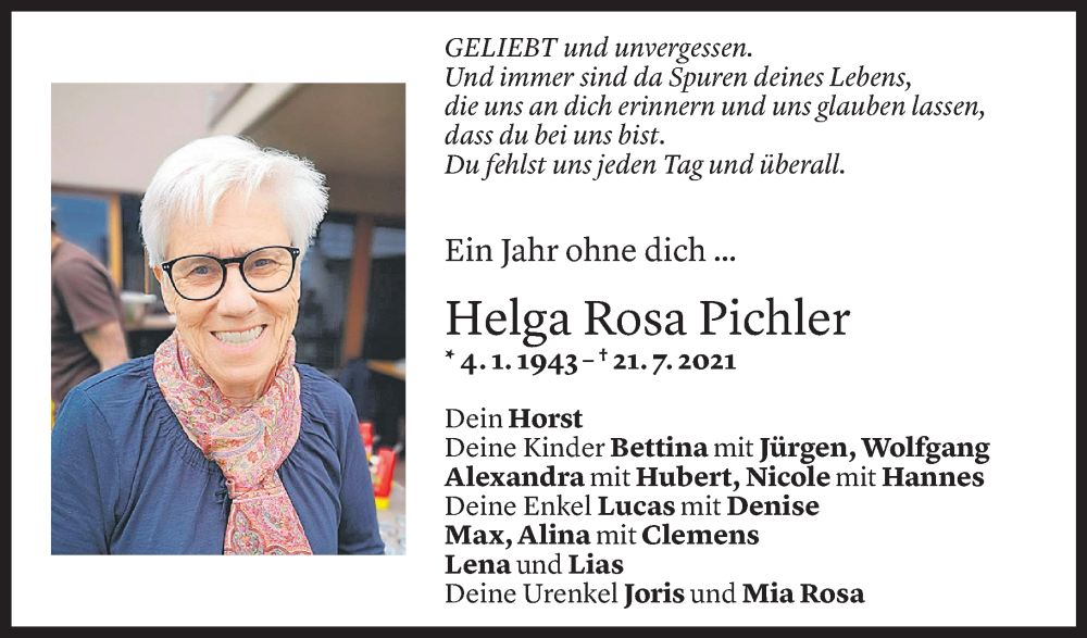  Todesanzeige für Helga Rosa Pichler vom 20.07.2022 aus Vorarlberger Nachrichten