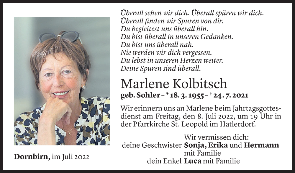  Todesanzeige für Marlene Kolbitsch vom 05.07.2022 aus Vorarlberger Nachrichten