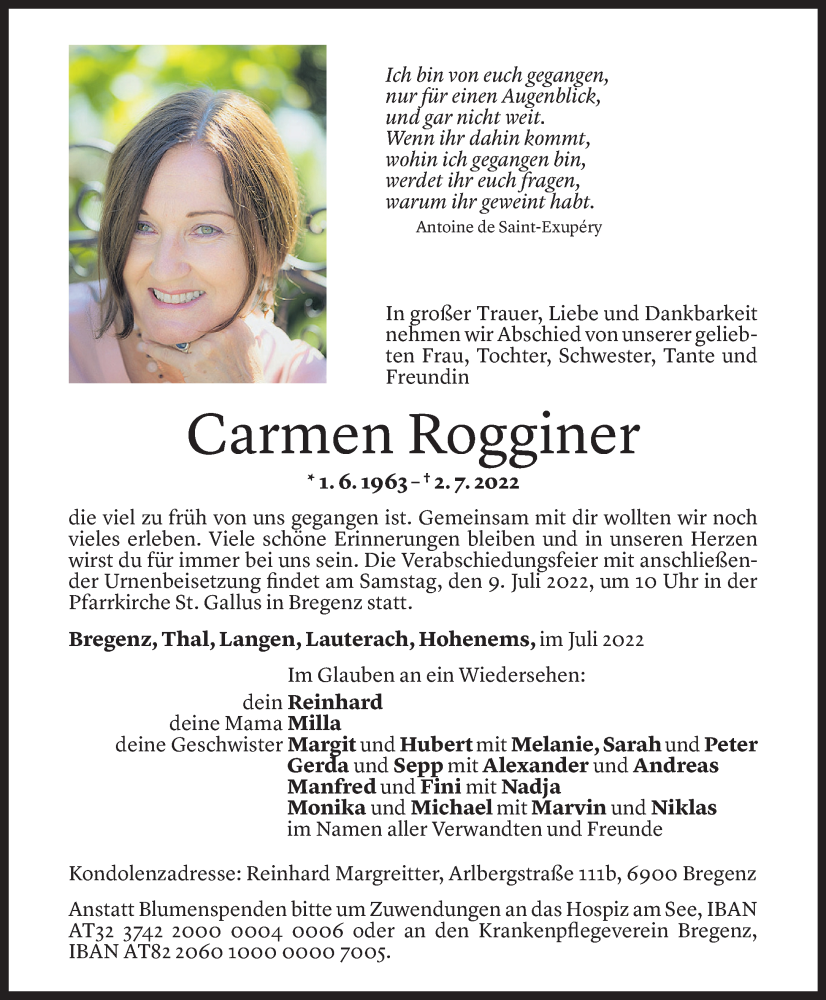  Todesanzeige für Carmen Rogginer vom 05.07.2022 aus Vorarlberger Nachrichten