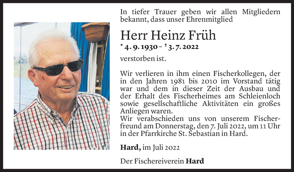  Todesanzeige für Heinz Früh vom 05.07.2022 aus Vorarlberger Nachrichten