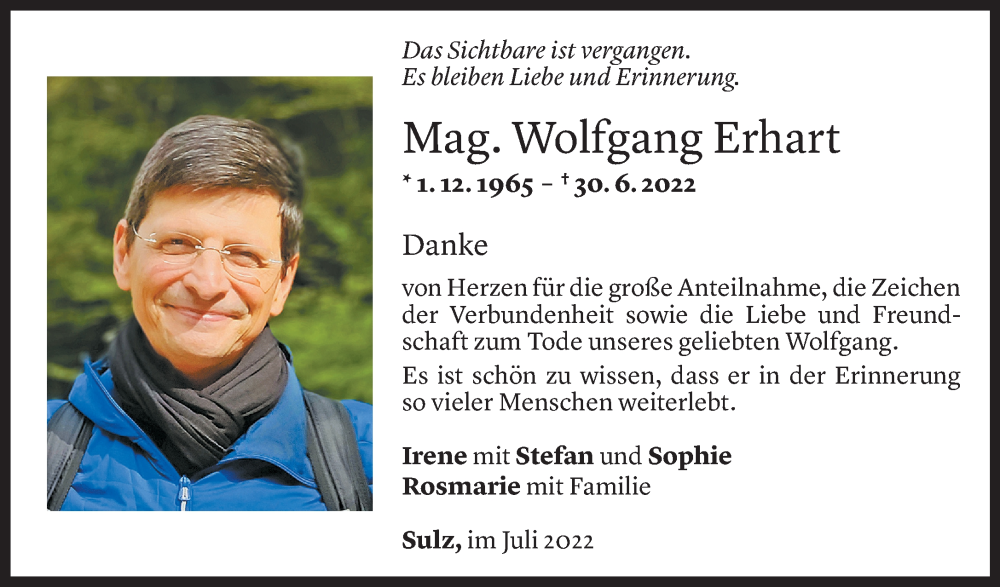  Todesanzeige für Wolfgang Erhart vom 30.07.2022 aus Vorarlberger Nachrichten