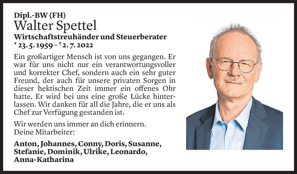  Todesanzeige für Walter Spettel vom 06.07.2022 aus Vorarlberger Nachrichten