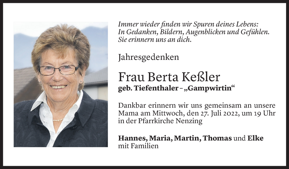  Todesanzeige für Berta Keßler vom 25.07.2022 aus Vorarlberger Nachrichten