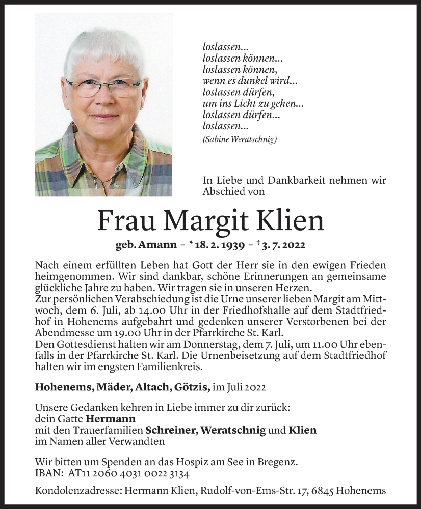  Todesanzeige für Margit Klien vom 05.07.2022 aus Vorarlberger Nachrichten