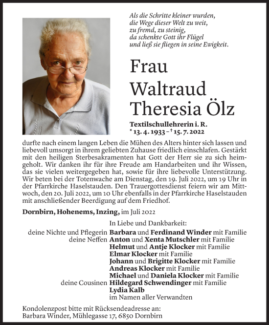 Todesanzeige von Waltraud Theresia Ölz von vorarlberger nachrichten