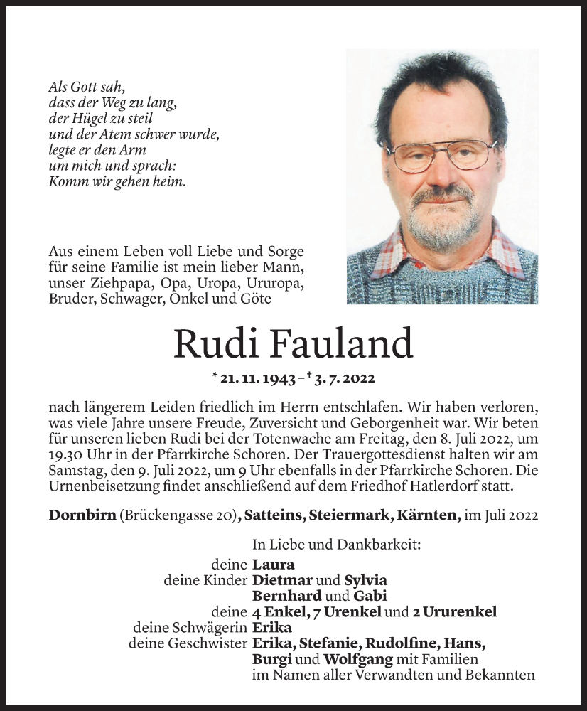  Todesanzeige für Rudolf Fauland vom 06.07.2022 aus Vorarlberger Nachrichten