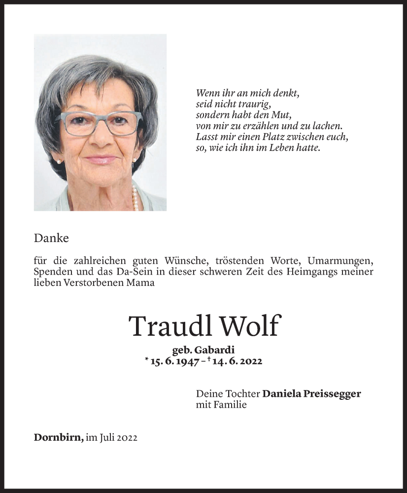  Todesanzeige für Traudl Wolf vom 03.07.2022 aus Vorarlberger Nachrichten