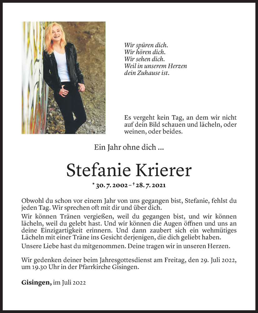  Todesanzeige für Stefanie Krierer vom 27.07.2022 aus Vorarlberger Nachrichten