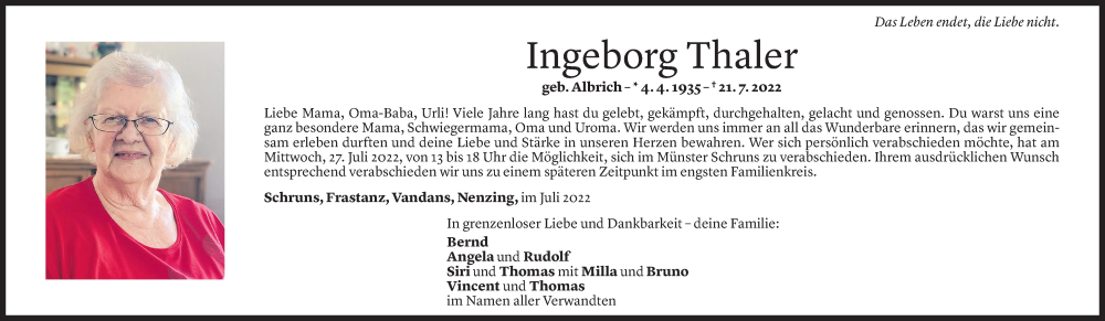  Todesanzeige für Ingeborg Thaler vom 24.07.2022 aus Vorarlberger Nachrichten