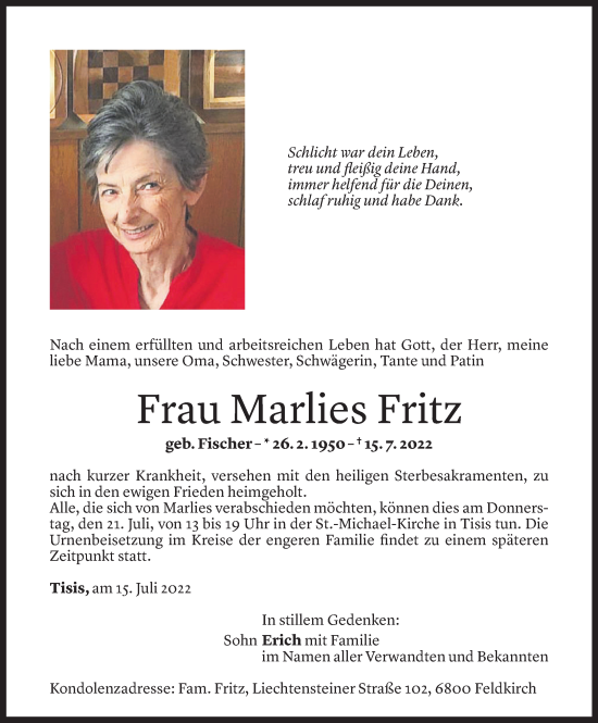 Todesanzeige von Marlies Fritz von vorarlberger nachrichten