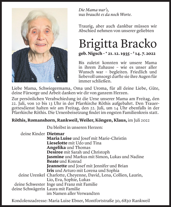Todesanzeige von Brigitta Bracko von Vorarlberger Nachrichten