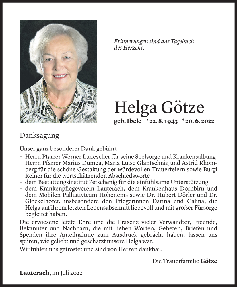  Todesanzeige für Helga Götze vom 29.07.2022 aus Vorarlberger Nachrichten