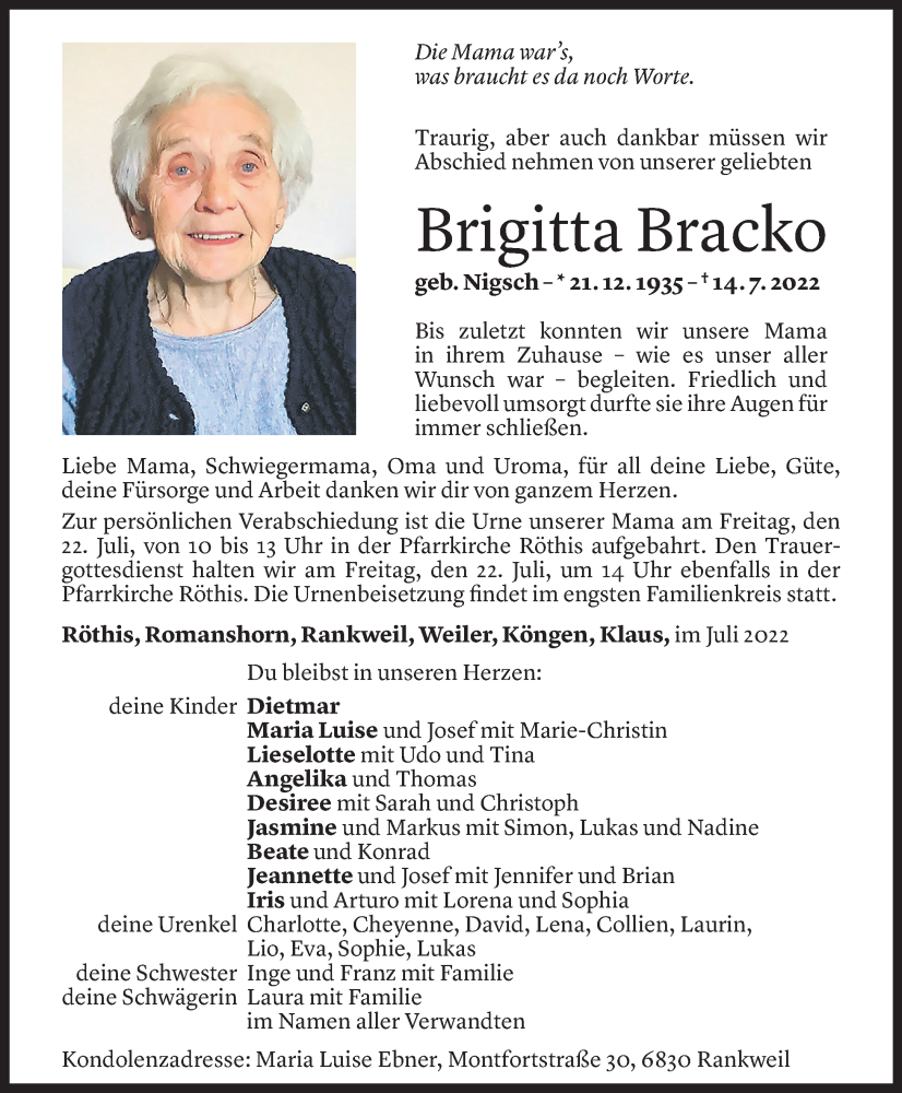  Todesanzeige für Brigitta Bracko vom 19.07.2022 aus Vorarlberger Nachrichten