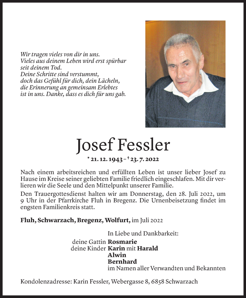  Todesanzeige für Josef Fessler vom 25.07.2022 aus Vorarlberger Nachrichten