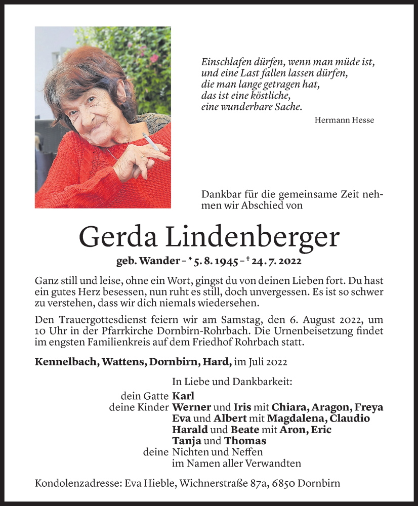  Todesanzeige für Gerda Lindenberger vom 29.07.2022 aus Vorarlberger Nachrichten