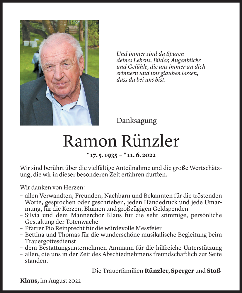  Todesanzeige für Ramon Rünzler vom 02.08.2022 aus vorarlberger nachrichten