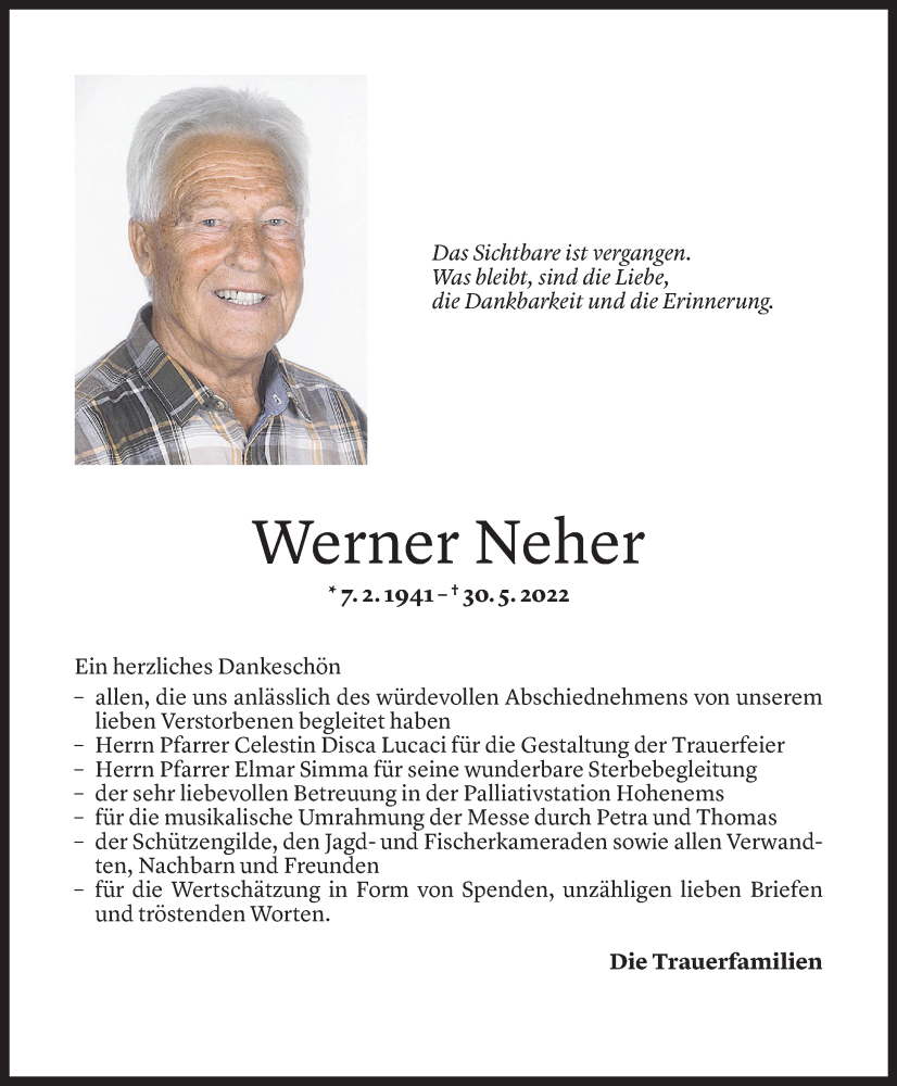  Todesanzeige für Werner Neher vom 08.07.2022 aus Vorarlberger Nachrichten