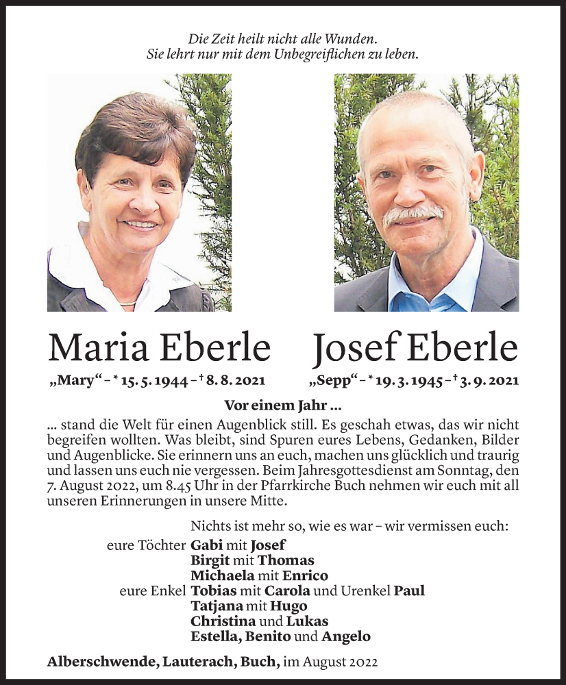  Todesanzeige für Maria und Josef Eberle vom 01.08.2022 aus Vorarlberger Nachrichten