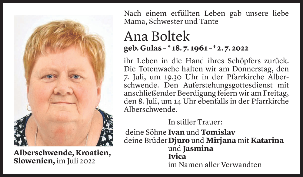  Todesanzeige für Ana Boltek vom 06.07.2022 aus Vorarlberger Nachrichten
