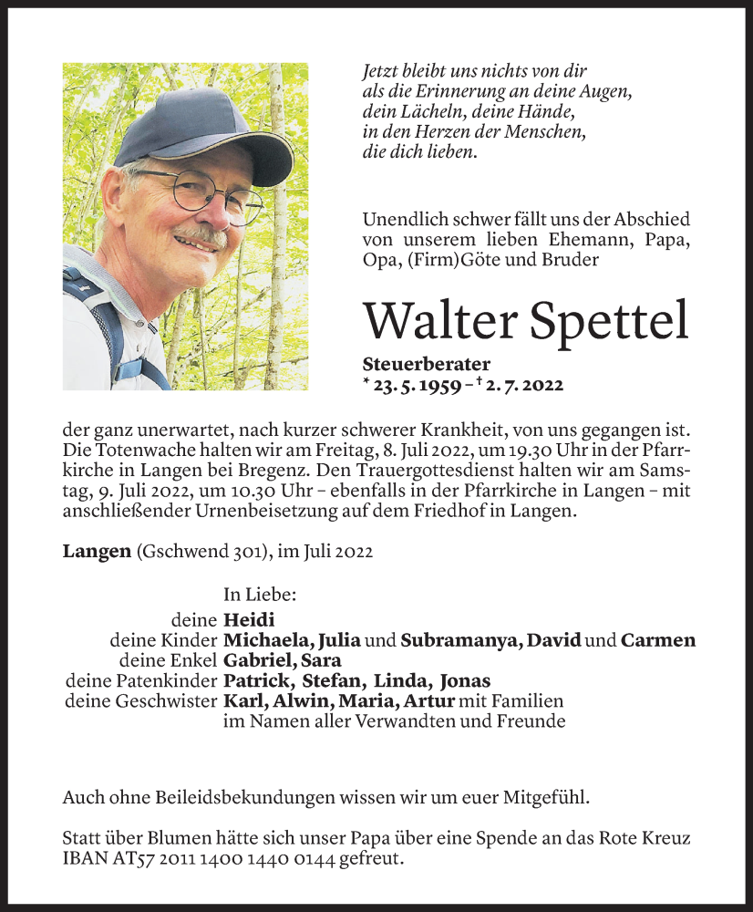  Todesanzeige für Walter Spettel vom 05.07.2022 aus Vorarlberger Nachrichten