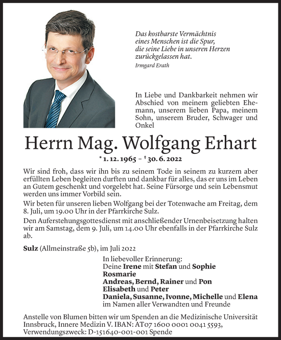 Todesanzeige von Wolfgang Erhart von Vorarlberger Nachrichten