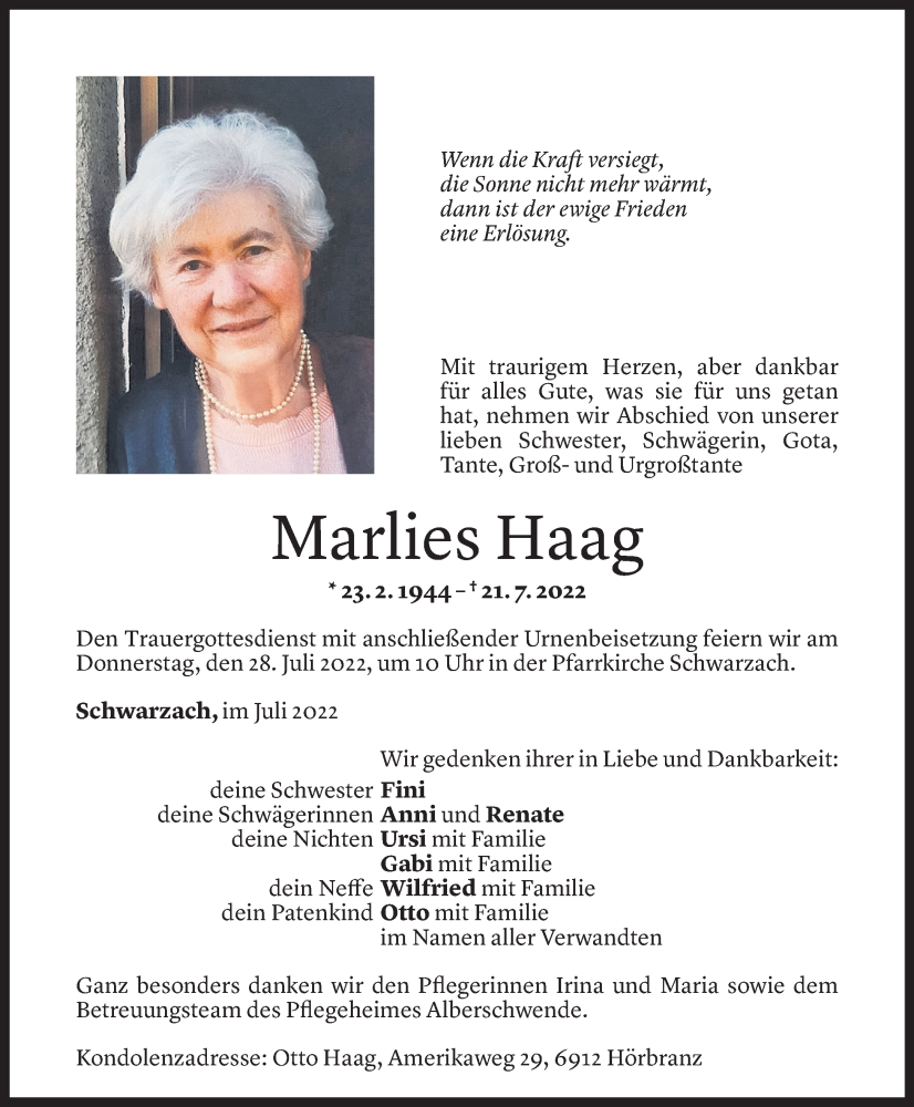  Todesanzeige für Marlies Haag vom 25.07.2022 aus Vorarlberger Nachrichten