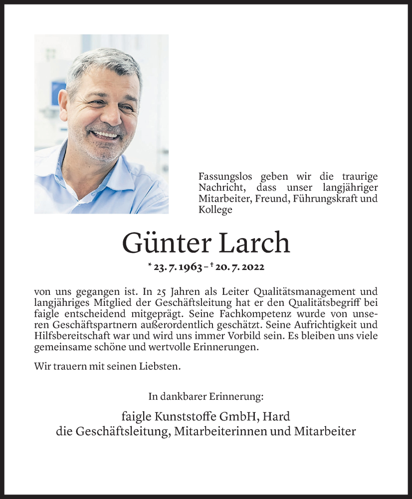  Todesanzeige für Günter Larch vom 22.07.2022 aus Vorarlberger Nachrichten